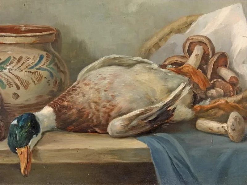 1864-Ferenc Rosenmayer - Natura morta in cucina con anatra e funghi